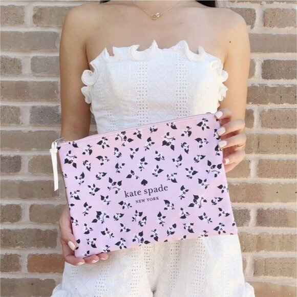 Kate Spade ✦ Pink Floral Zipper Pouch ✦ 11"x8" Polyester Travel Clutch NWT - Picture 1 of 8